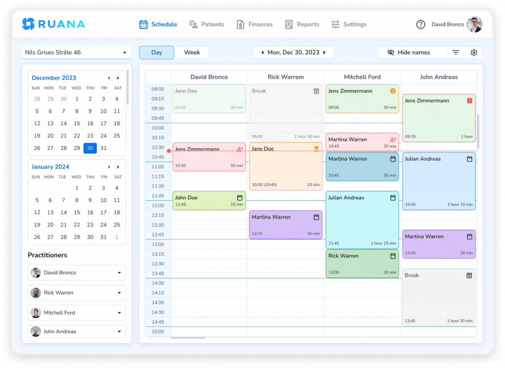 Ruana practice management software calendar scheduling dashboard