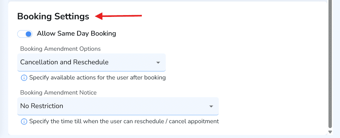 Booking Settings showing same day booking and cancellation/reschedule options