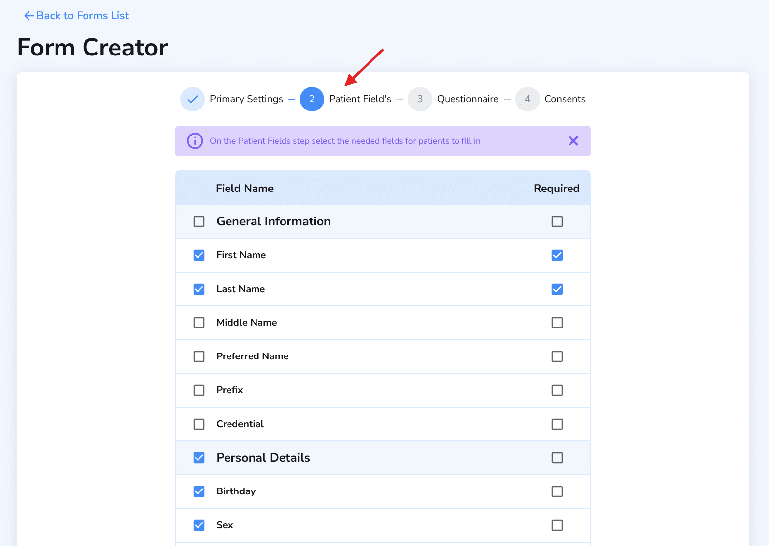 Form Creator patient fields step with checkboxes and required options