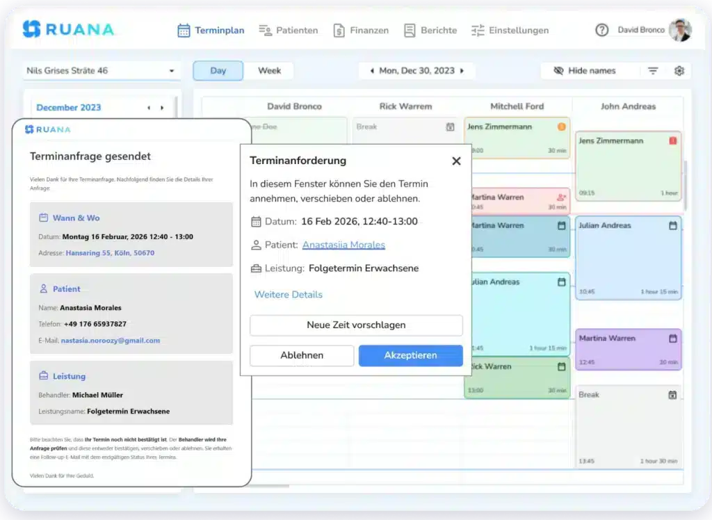 Screenshot der RUANA-Software mit zwei Overlay-Fenstern: Eines zeigt eine gesendete Terminanfrage für Anastasiia Morales, das andere ein Dialogfenster für den Behandler zum Akzeptieren, Ablehnen oder Verschieben des Termins.