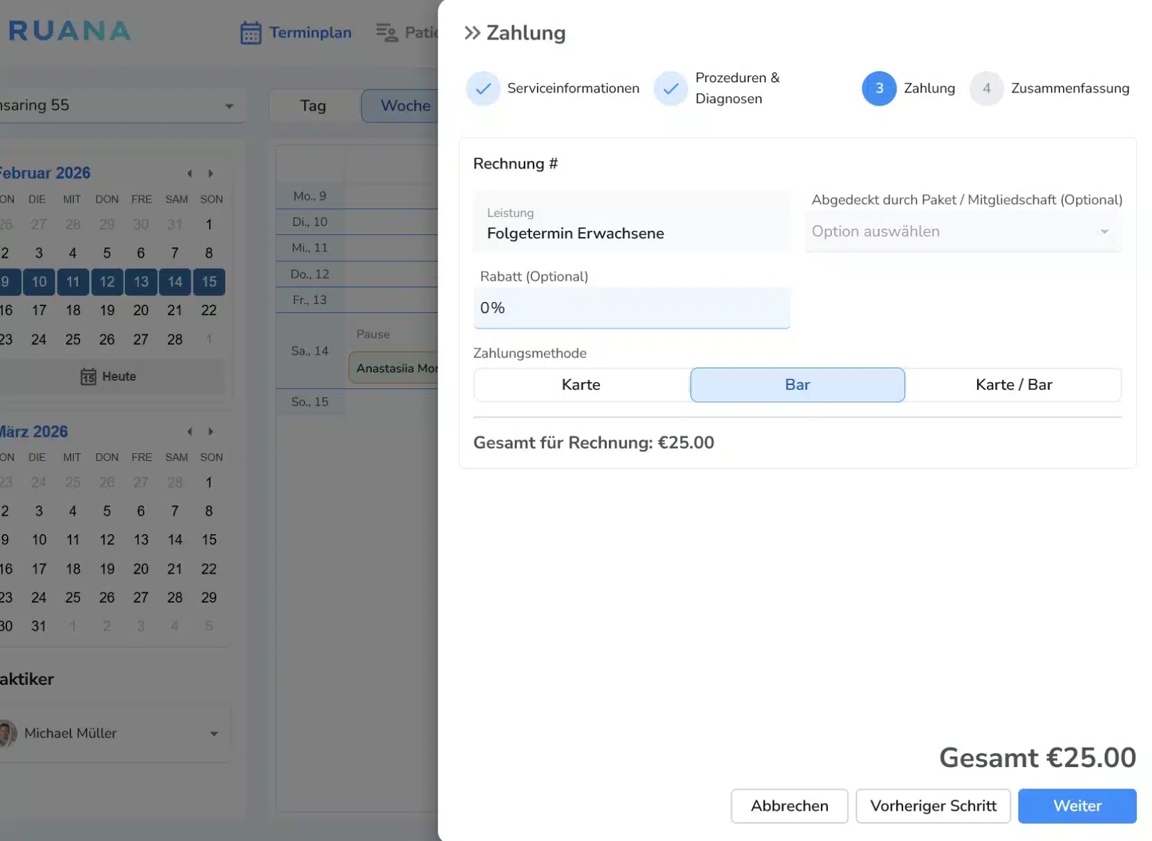 in Screenshot des RUANA-Zahlungsfensters für eine Rechnung über 25,00 €. Der Nutzer befindet sich im dritten Schritt „Zahlung“, wählt zwischen den Methoden Karte oder Bar aus und kann Rabatte hinzufügen.