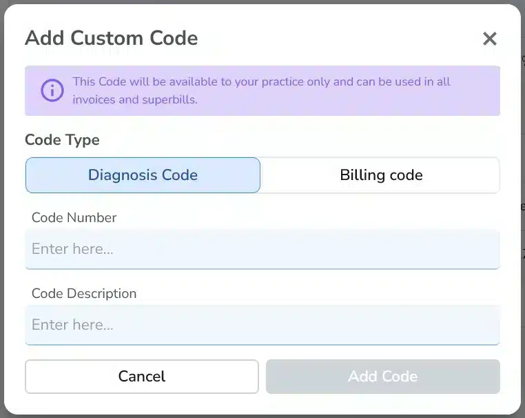 Add Custom Code modal with Diagnosis Code selected and fields for code number and description