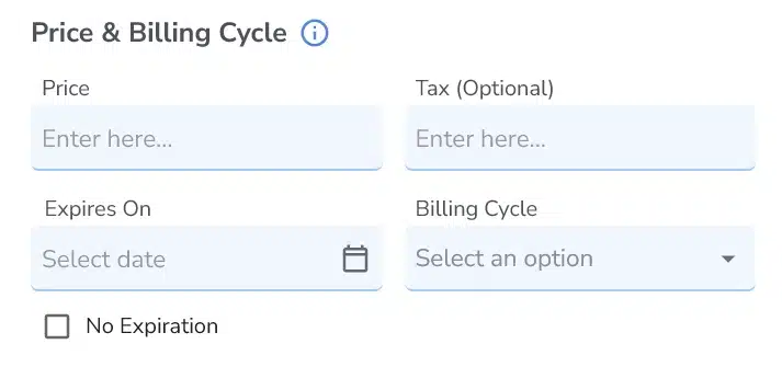 Price and Billing Cycle section with billing cycle dropdown