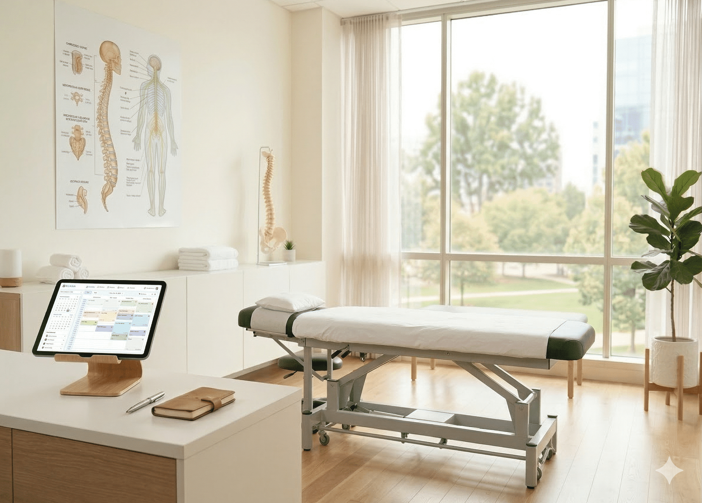 A bright, minimalist chiropractic treatment room with an adjusting table, a spine anatomy poster, and a tablet in the foreground showing a modern patient scheduling interface.