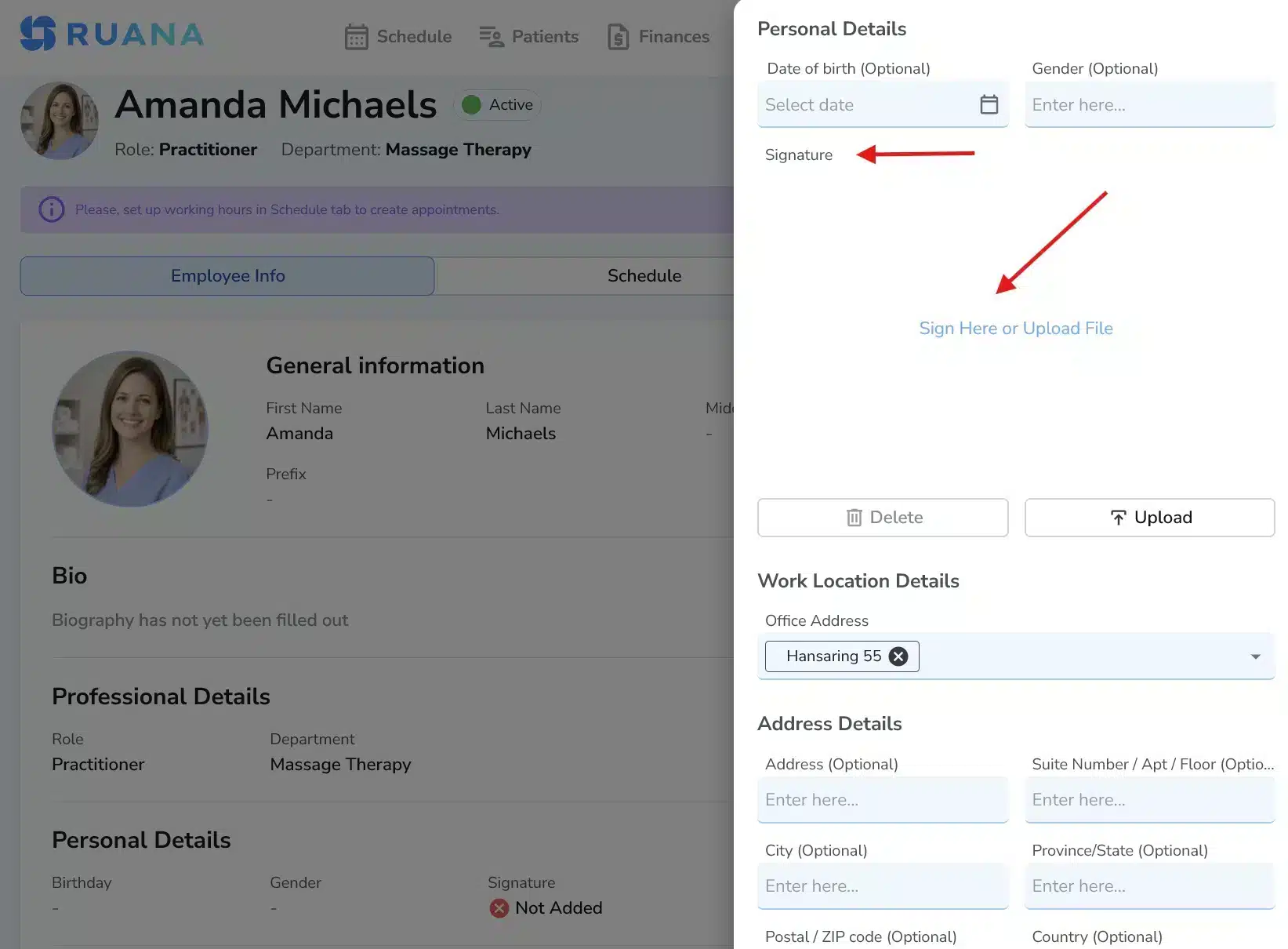 Adding a signature to a practitioner or therapist in Ruana by signing directly on screen or uploading a file