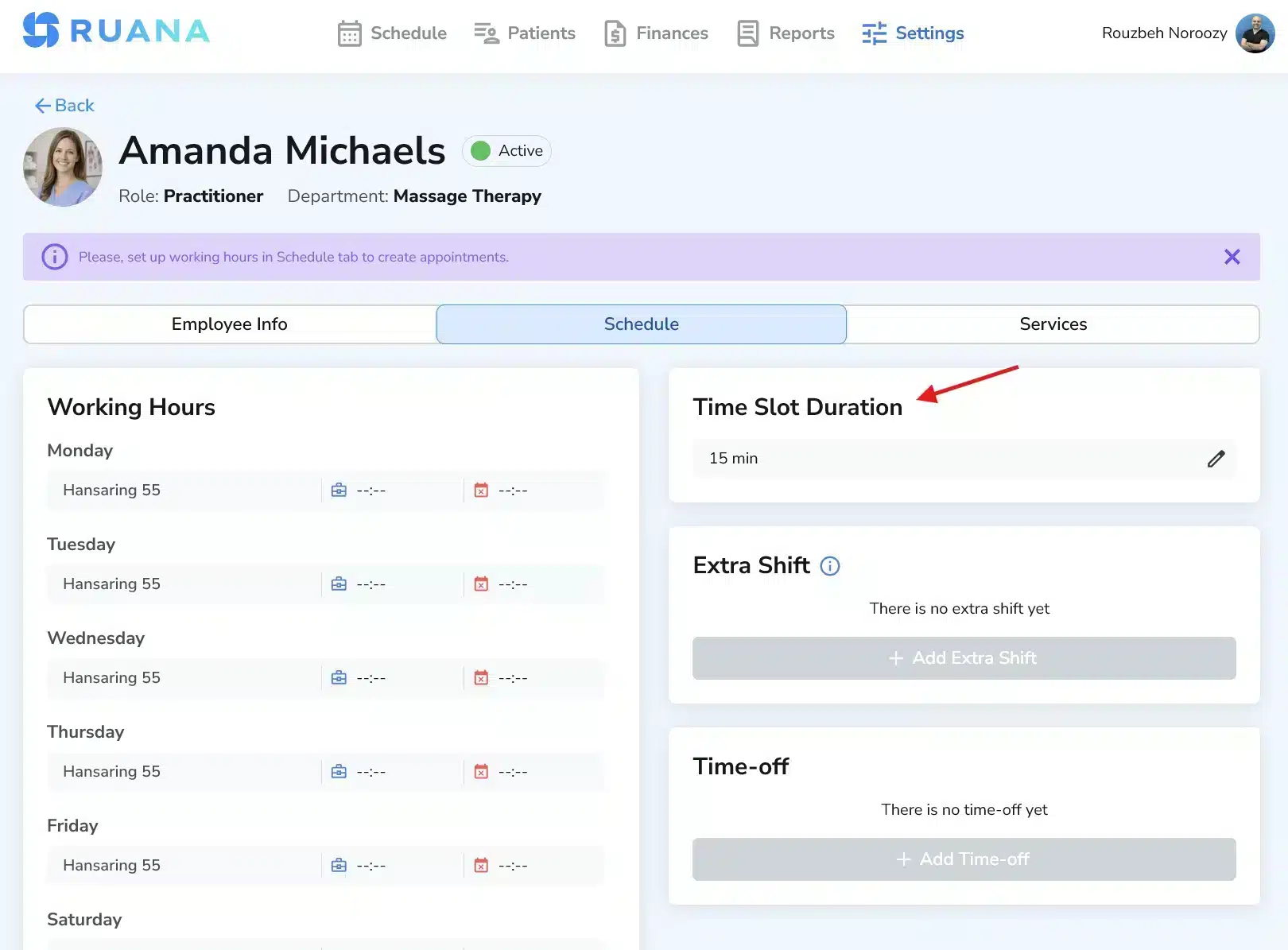 Practitioner profile showing Online Booking Interval (Time Slot Duration) setting in Ruana
