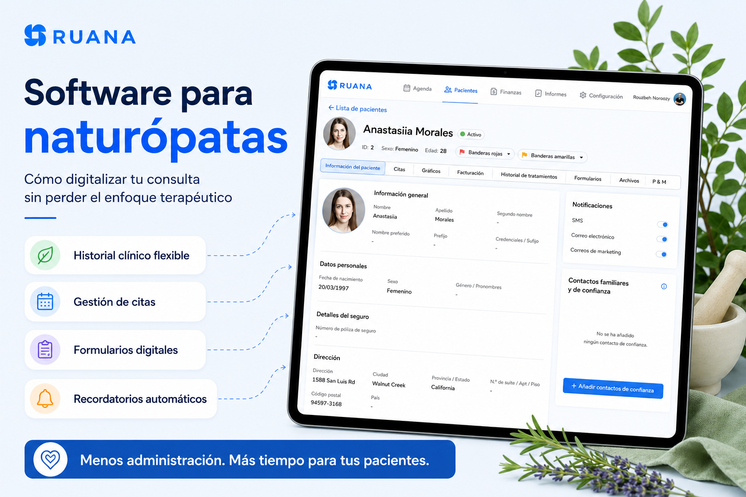 Banner de Ruana para naturópatas que muestra una interfaz digital de gestión de pacientes en una tableta. La imagen destaca historial clínico flexible, gestión de citas, formularios digitales y recordatorios automáticos para consultas de naturopatía.