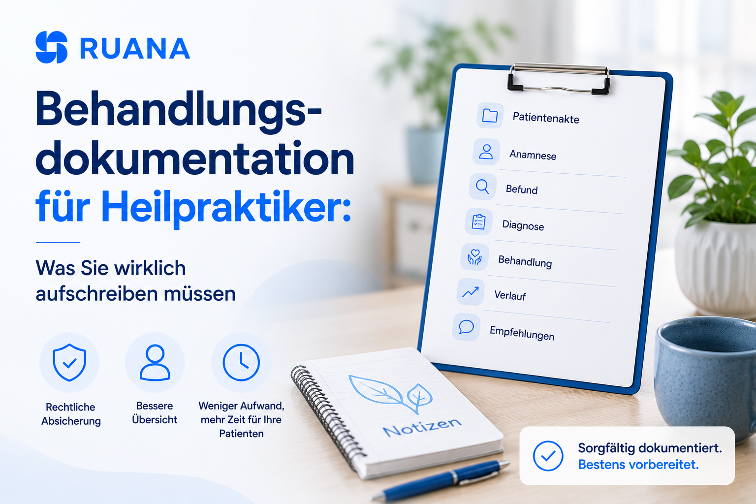 Moderne Ruana-Grafik zur Behandlungsdokumentation für Heilpraktiker. Die Illustration zeigt eine strukturierte Patientenakte mit den Bereichen Anamnese, Befund, Diagnose, Behandlung, Verlauf und Empfehlungen sowie Hinweise zu rechtlicher Absicherung, besserer Übersicht und Zeitersparnis im Praxisalltag.