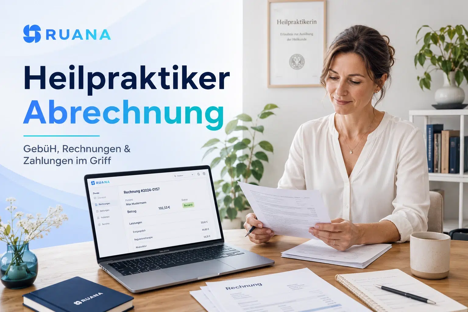 Heilpraktikerin prüft eine Rechnung am Schreibtisch mit Laptop und Praxissoftware für GebüH-Abrechnung, Rechnungen und Zahlungskontrolle.