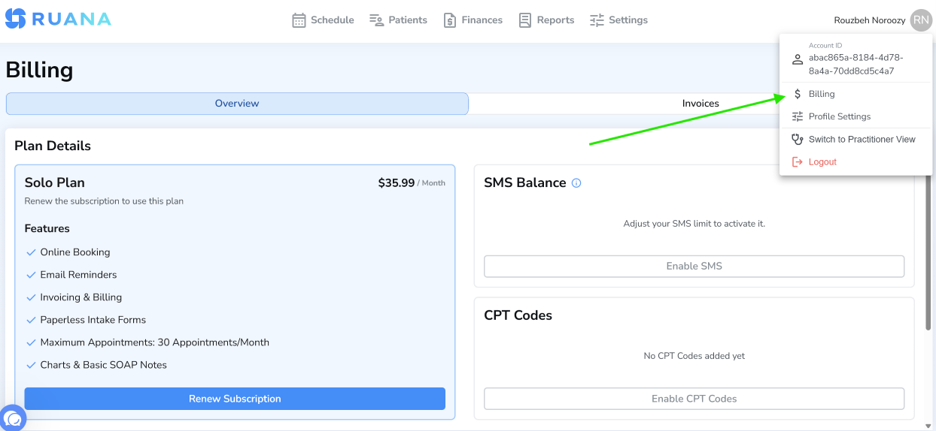 Open Billing from the profile menu in Ruana