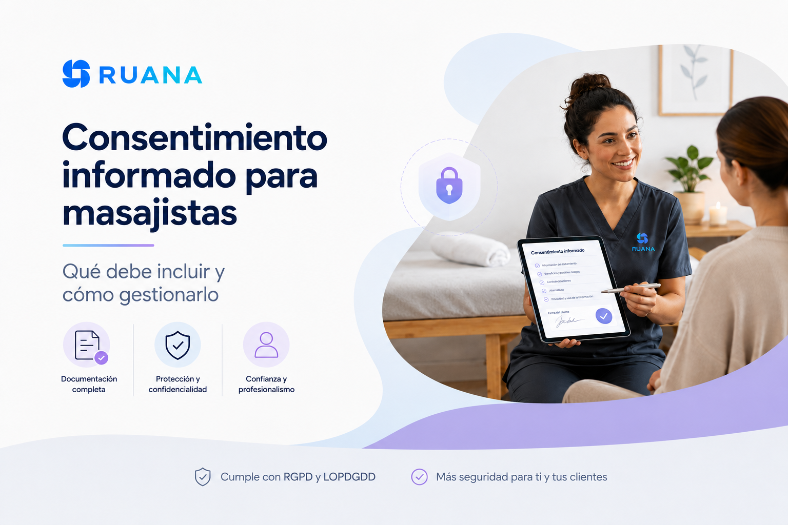 Imagen destacada de Ruana sobre consentimiento informado para masajistas, con terapeuta mostrando un formulario digital a una clienta en una consulta de masaje.