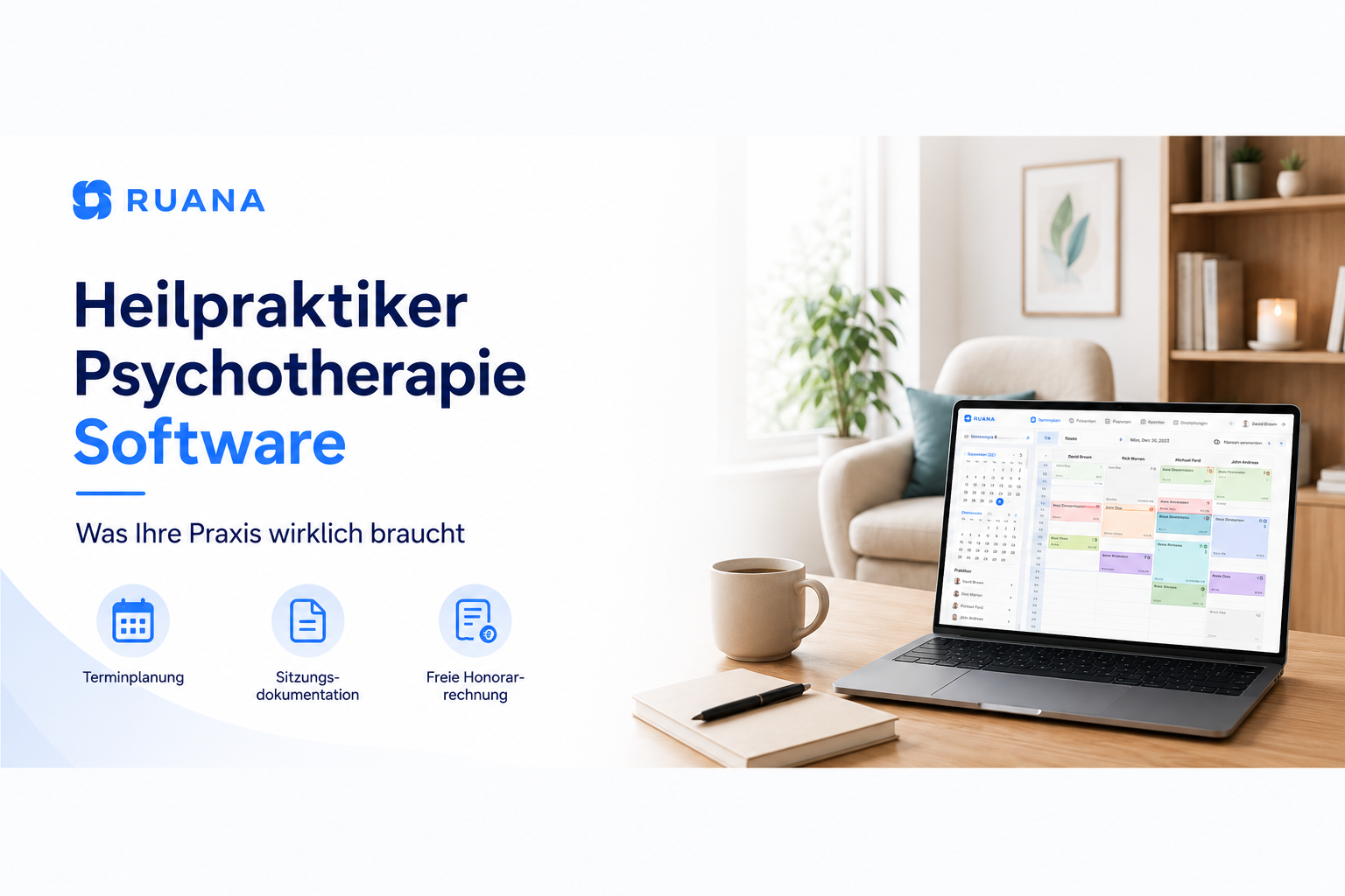 Hero-Bild für einen Ruana-Blogartikel über Heilpraktiker Psychotherapie Software mit Laptop, digitalem Terminplan und moderner Praxisumgebung.