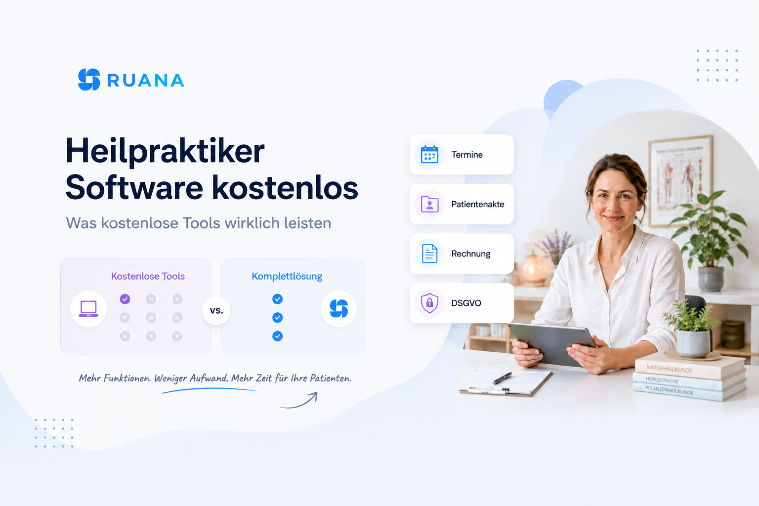 Featured Image von Ruana zum Thema kostenlose Heilpraktiker Software mit Vergleich zwischen kostenlosen Einzeltools und einer vollständigen Praxissoftware für Termine, Patientenakte, Rechnung und DSGVO.