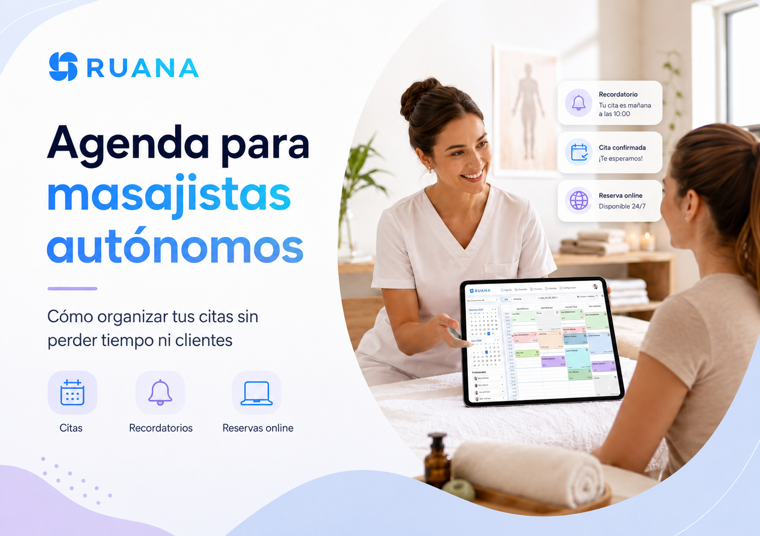 Imagen destacada de Ruana sobre agenda para masajistas autónomos, con una terapeuta mostrando una tablet con el calendario de citas a una clienta en una consulta de masaje.