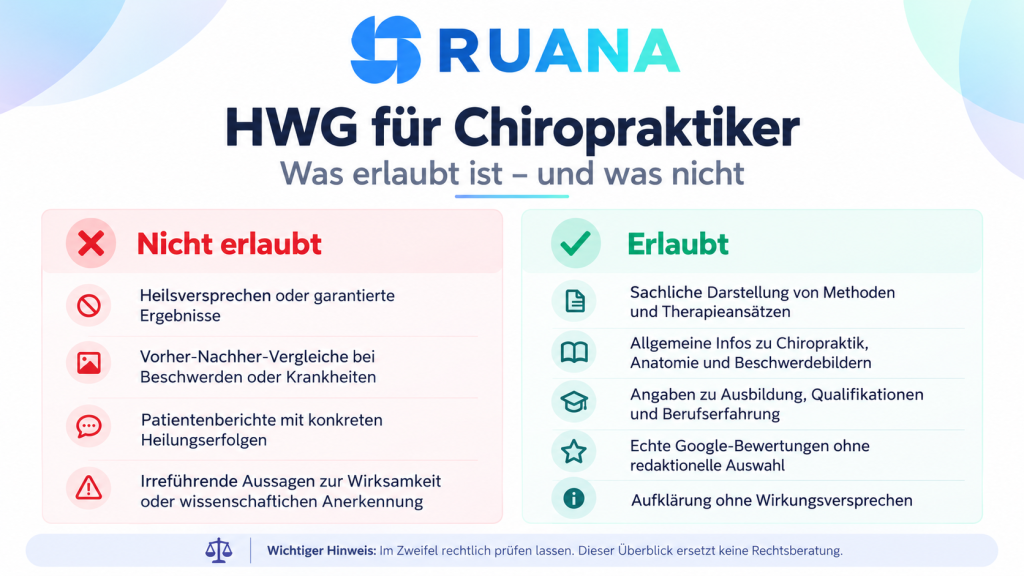 Infografik zum Heilmittelwerbegesetz für Chiropraktiker mit erlaubten und nicht erlaubten Werbeaussagen.