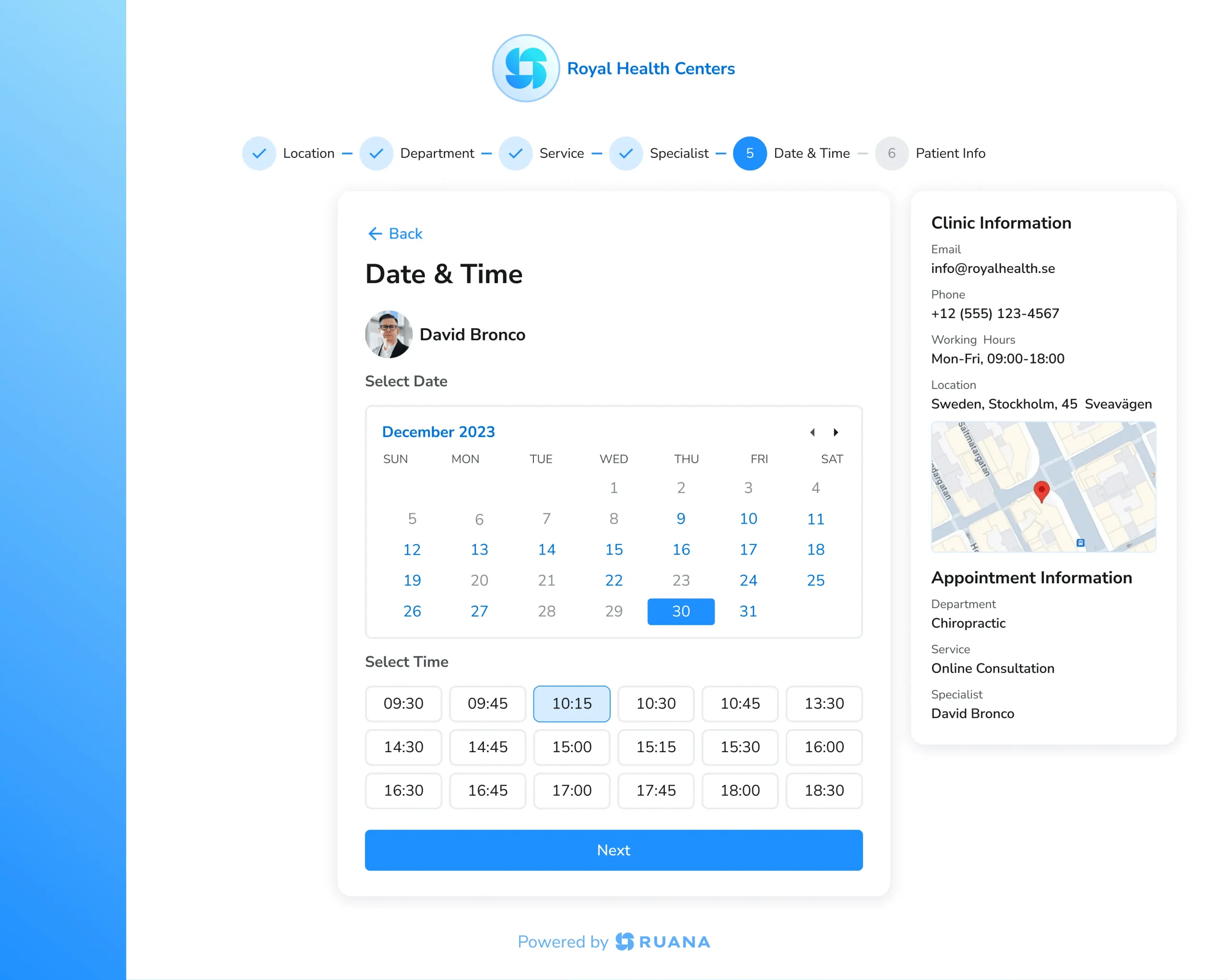 Online booking page in Ruana practice management software