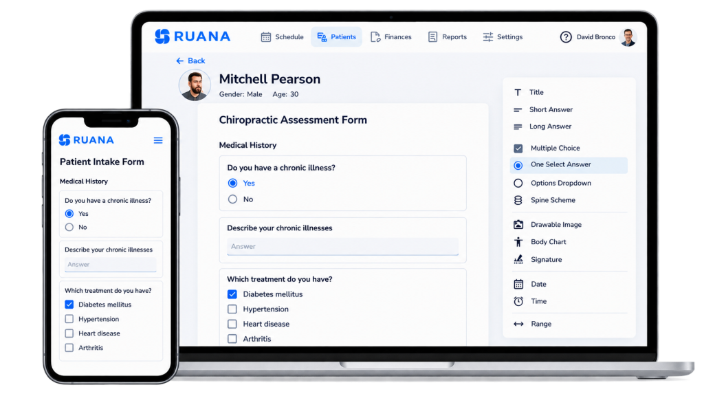 Ruana digital patient intake forms displayed on a laptop and smartphone